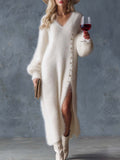 Comfortable Lazy Exquisite V-neck Metal Button White Imitation Rabbit Fur Knitted Side Slit Midi Dress