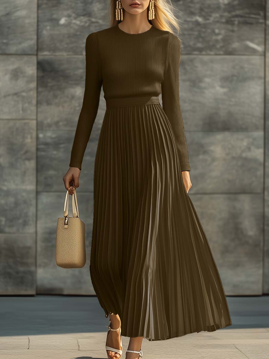 Elegant Casual and Comfortable Long-sleeved Cream Knitted Satin Pleated Hem Maxi Dress