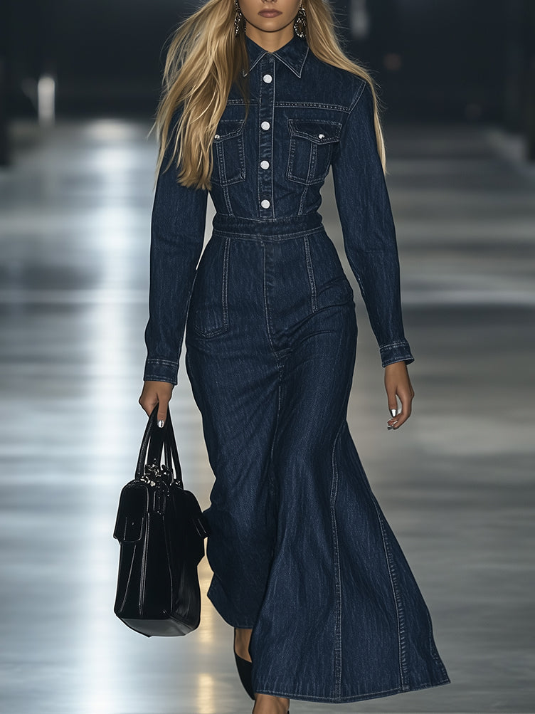 【24-hour shipping out】Casual Slim Fit Vintage Lace-up Long Sleeve Denim Maxi Dress