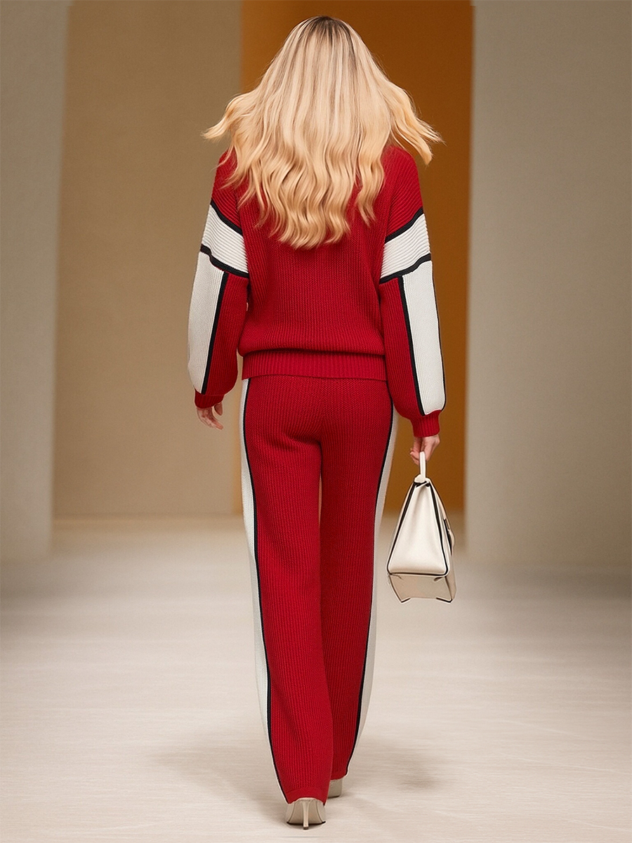Retro Sports Style Contrast Colour Knit Top And Trousers Set