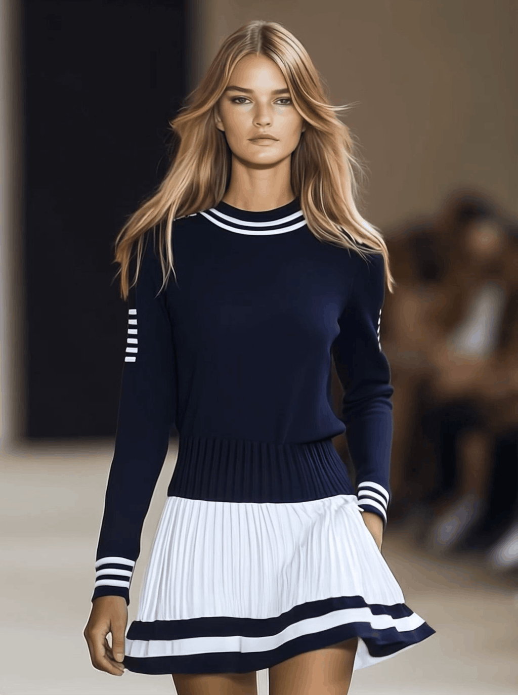 【24-hour shipping out】Fashionable Sports Style Round Neck Navy Blue and White Contrast Mini Dress