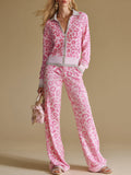 Elegant and Retro Colour-Blocked Leopard Print Knitted Top and Trousers Set.