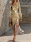 Chic and Sophisticated V-neck Tassel Champagne Shimmering Maxi Dress