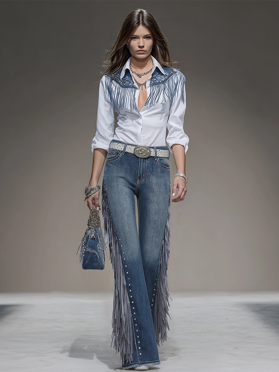 Western Blue Denim Side Tassel Rivet Flared Trousers