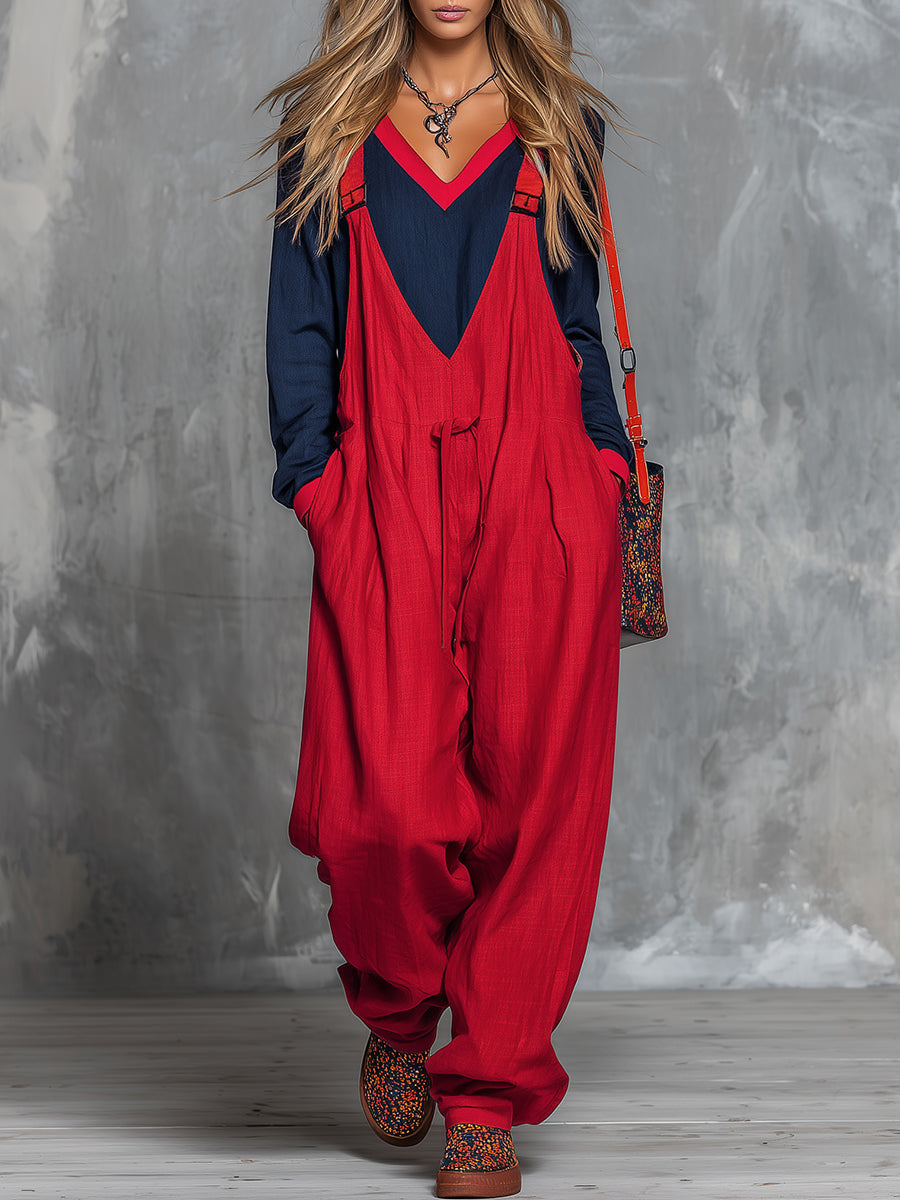 Retro Bohemian Style Colour-blocked Cotton And Linen Top And Overalls Set