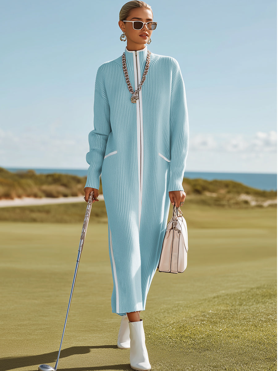 Sporty and Stylish White-trimmed Blue Knit Maxi Dress