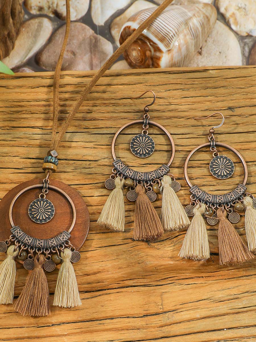 Vintage Distressed Bohemian Tassel Necklace and Earring Set