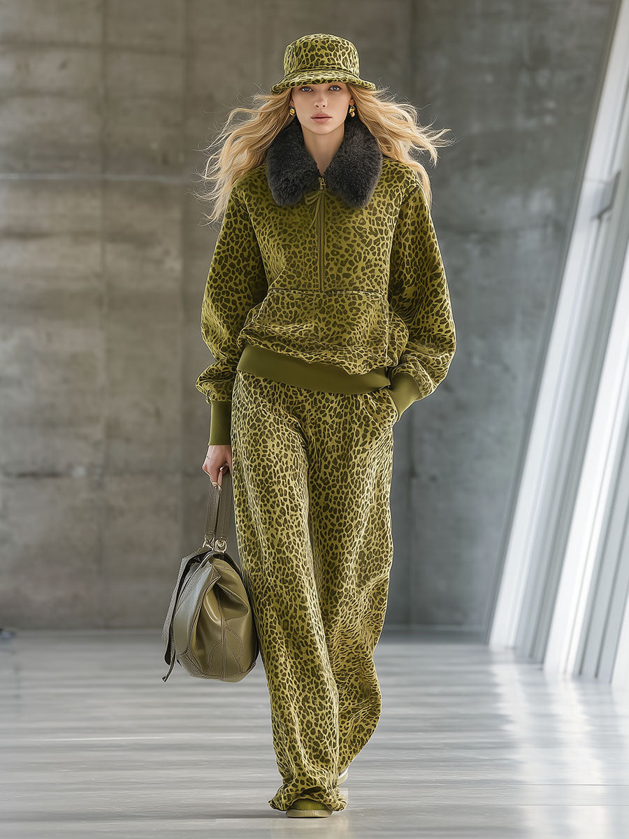 High-end Fashionable Leopard Print Velvet Faux Fur Collar Sweatshirt Wide-leg Trousers Suit
