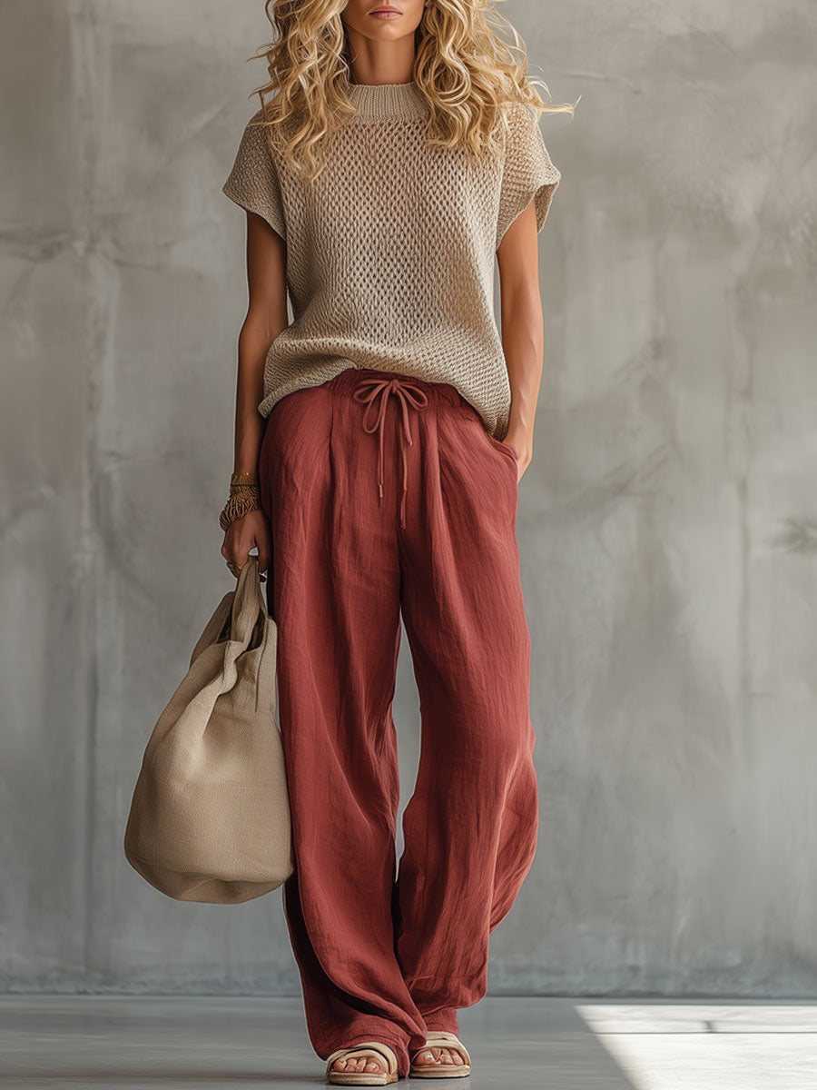 Retro Short-sleeved Knit Top and Brick Red Cotton Linen Wide-leg Trousers Set