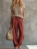 Retro Short-sleeved Knit Top and Brick Red Cotton Linen Wide-leg Trousers Set