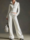 Sporty Retro Striped Webbing White Long-Sleeve Sweatshirt And Wide-Leg Trousers Set