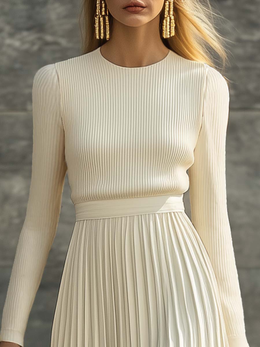 Elegant Casual and Comfortable Long-sleeved Cream Knitted Satin Pleated Hem Maxi Dress