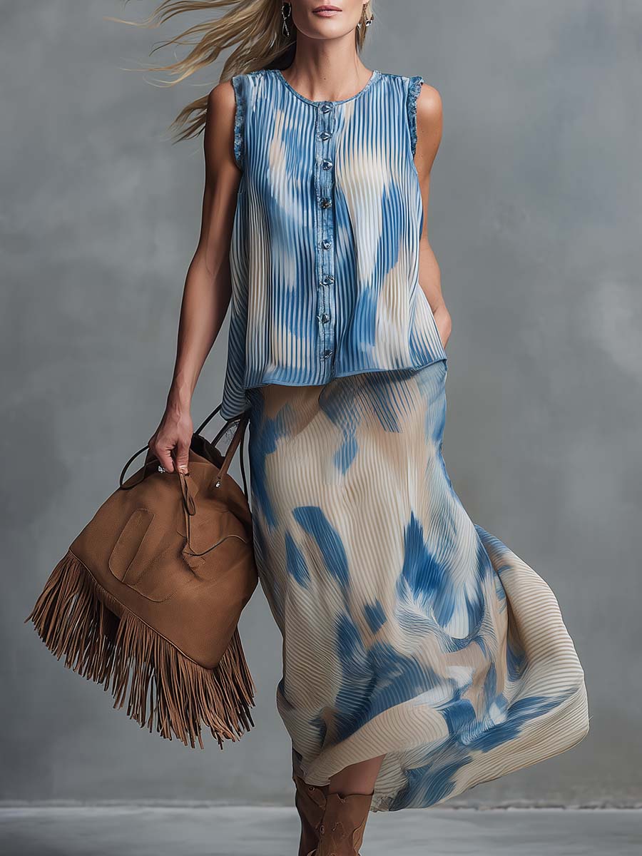 Western Retro-Print Chiffon Crew-Neck Front-Button Top and Skirt Set