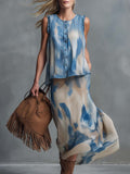 Western Retro-Print Chiffon Crew-Neck Front-Button Top and Skirt Set