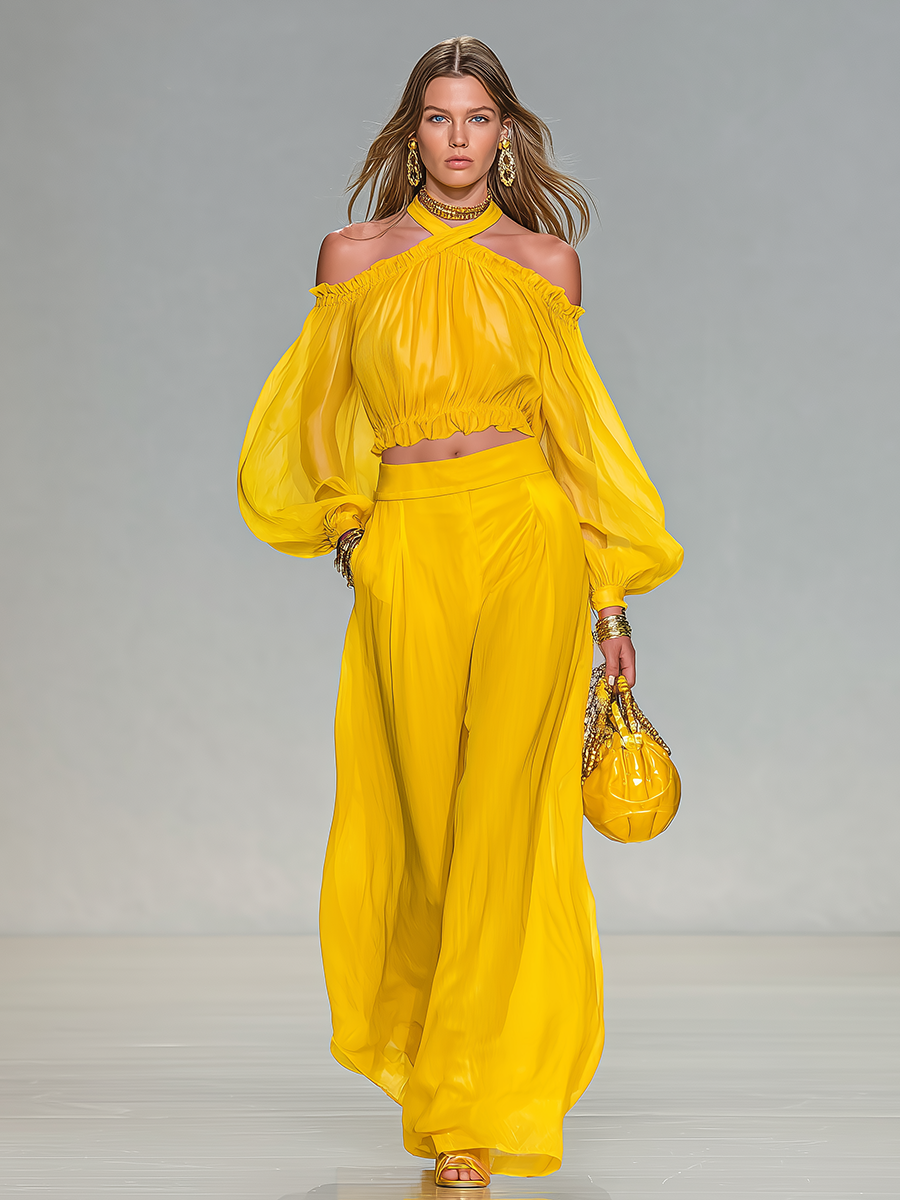Elegant Urban Style Halter-neck Chiffon Top And Wide-leg Trousers Set