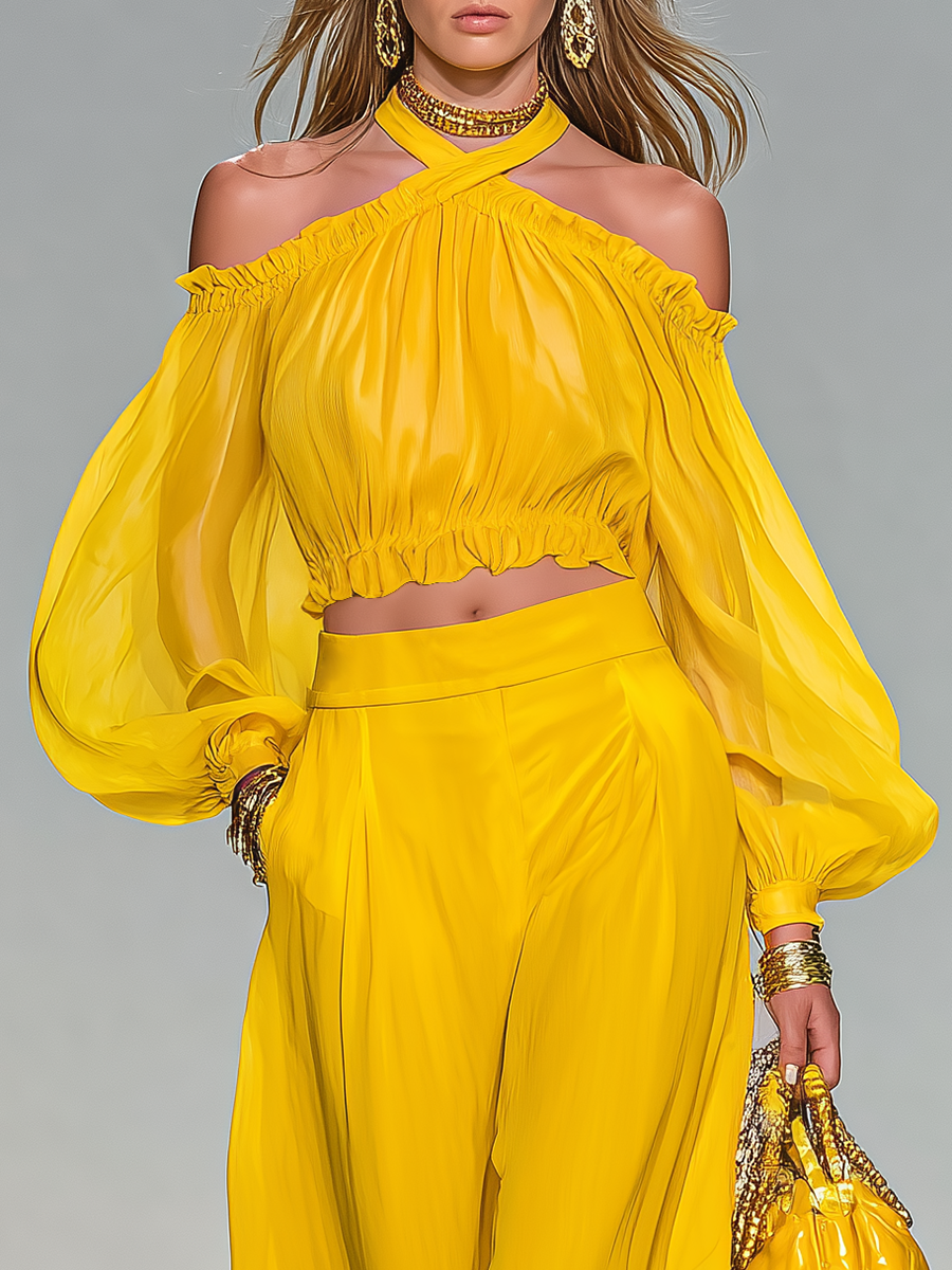 Elegant Urban Style Halter-neck Chiffon Top And Wide-leg Trousers Set