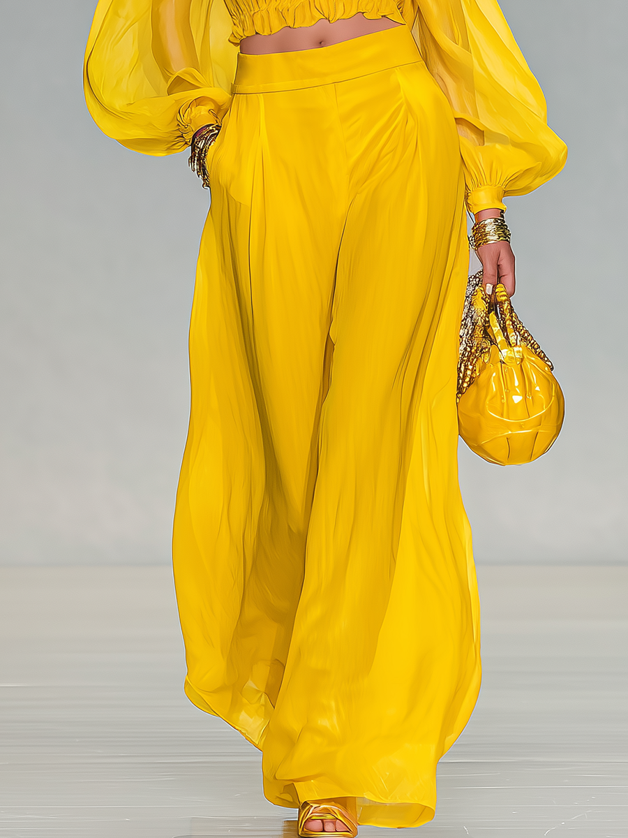 Elegant Urban Style Halter-neck Chiffon Top And Wide-leg Trousers Set