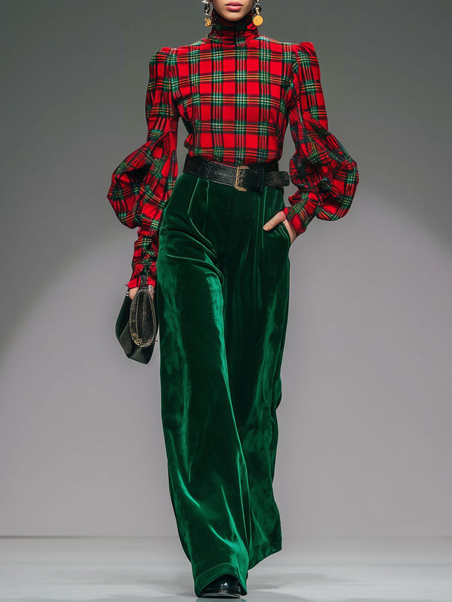 Trendy Retro Plaid Velvet Turtleneck Long-sleeved T-shirt and Wide-leg Trousers Set