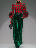 Trendy Retro Plaid Velvet Turtleneck Long-Sleeved T-Shirt and Wide-Leg Trousers Set