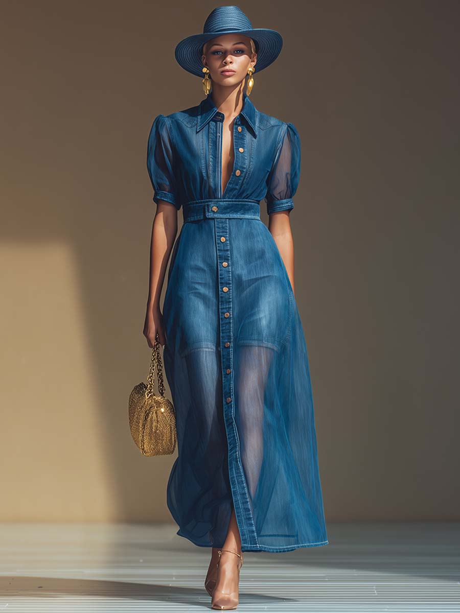 Exquisite Fashionable Front Button V-neck Short-sleeved Organza Overlay Blue Denim Maxi Dress
