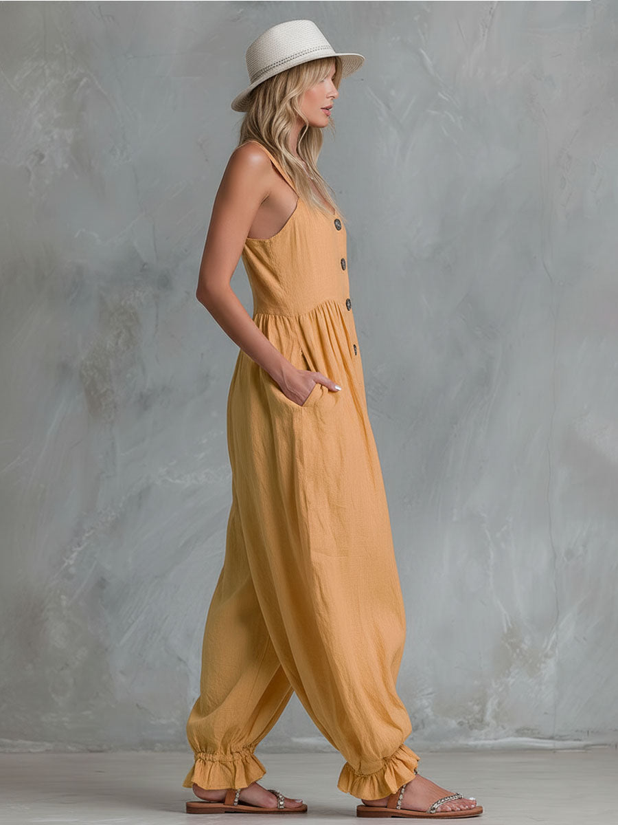 Loose-fitting Single-breasted Cotton-linen Sleeveless Jumpsuit