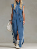 Stand-Collar Zip-Up Sleeveless Denim Maxi Dress