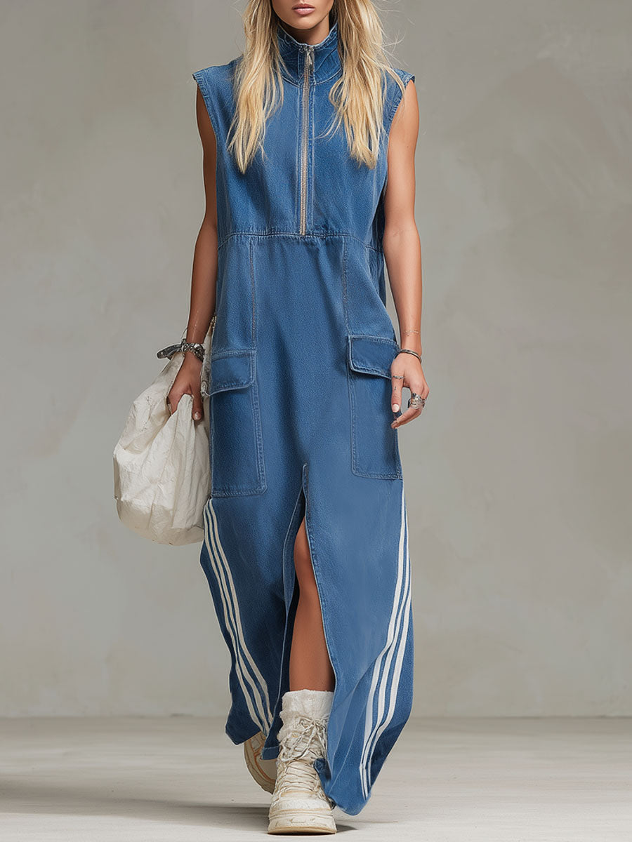 Stand-Collar Zip-Up Sleeveless Denim Maxi Dress
