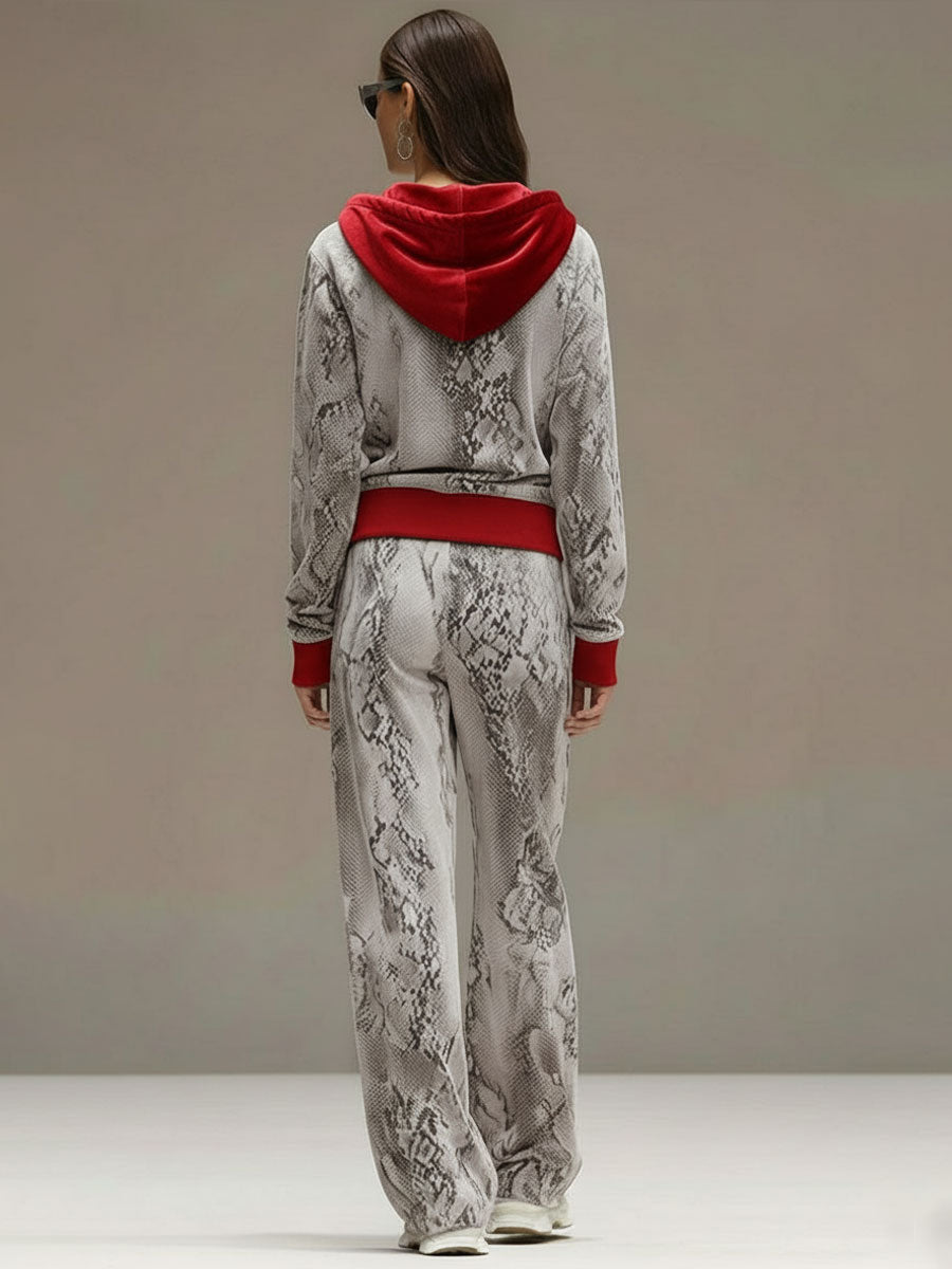 Casual Sporty Retro Snakeskin Grey Velvet Hooded Sweatshirt Wide-Leg Set