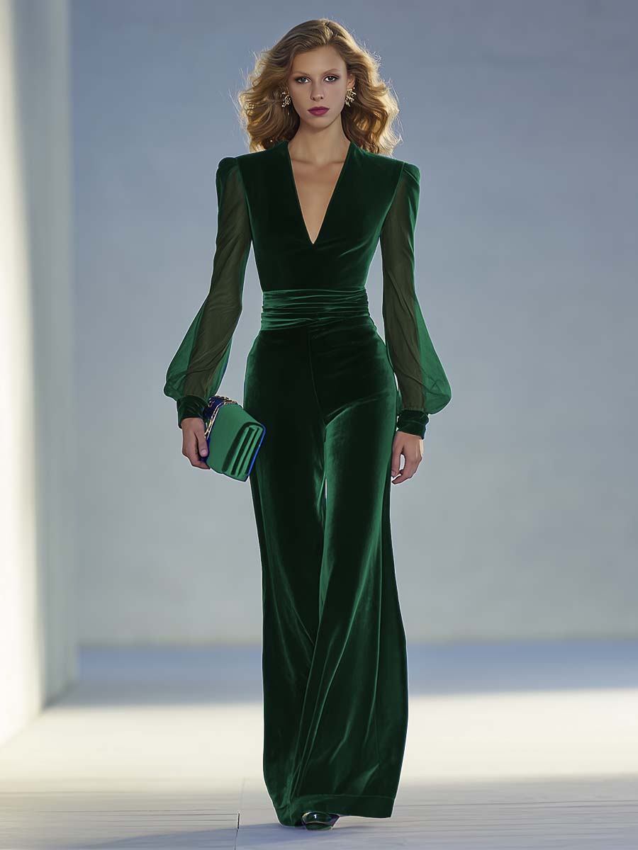 Vintage Elegant and Exquisite V-neck Mesh Long-sleeved Royal Blue Velvet Jumpsuit