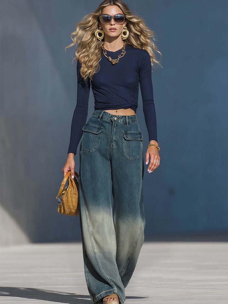 Casual Fashion Gradient Washed Denim Blue Grey Loose Trousers