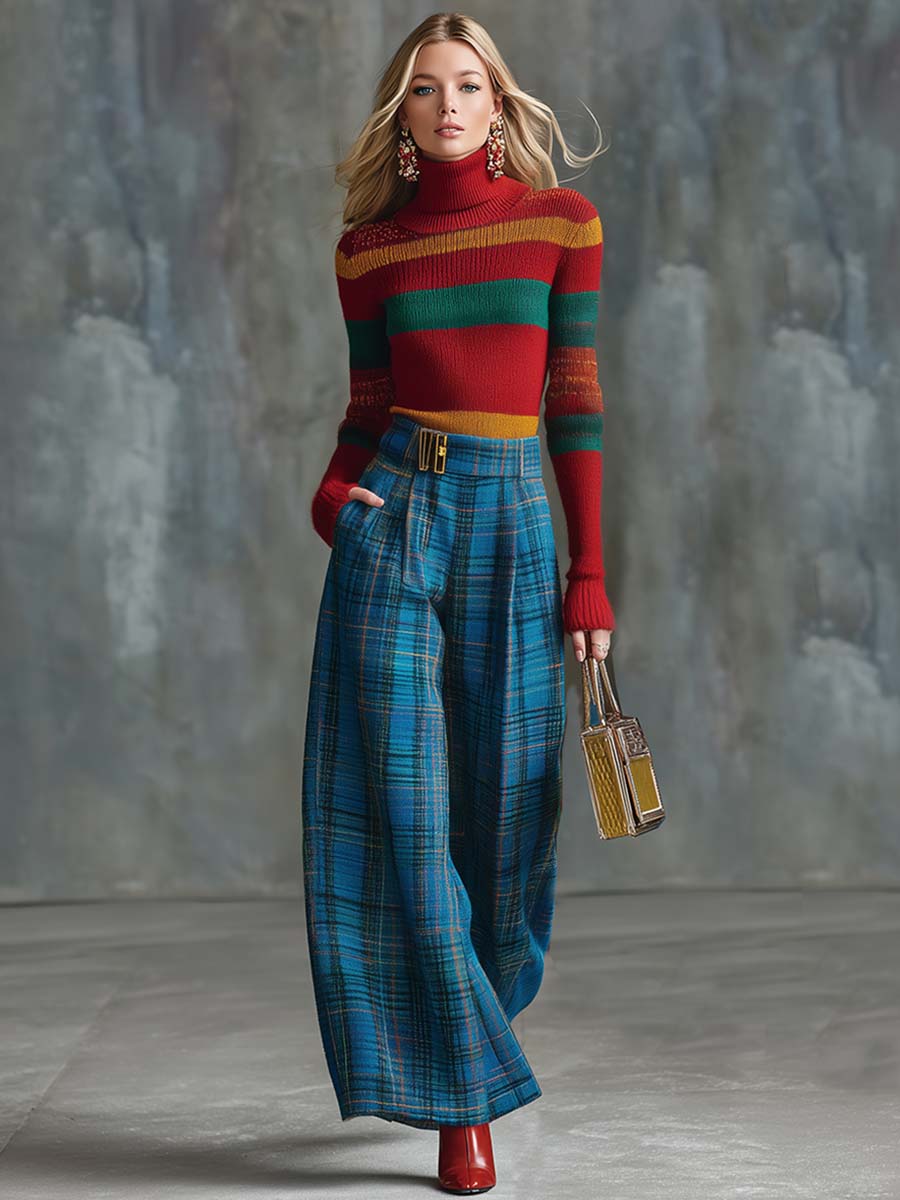 Vintage Fashion Versatile Blue Plaid Wide-leg Trousers