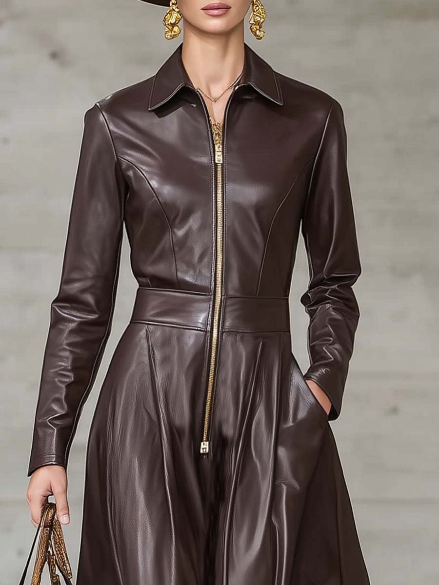 Exquisite Temperament Front Zipper Long Sleeve High-Quality Brown Leather Maxi Dress
