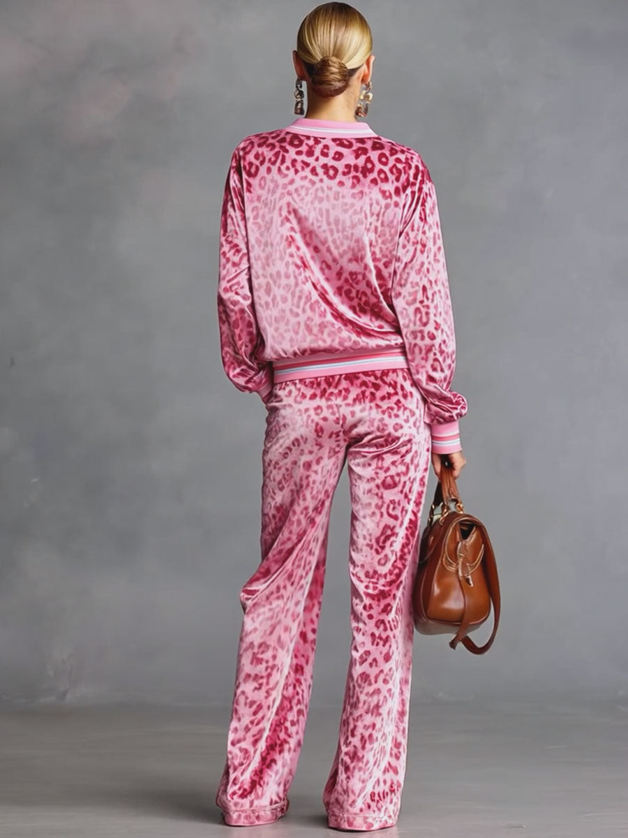 Casual Sporty Retro Pink Velvet Leopard Print Sweatshirt and Wide-Leg Trousers Set