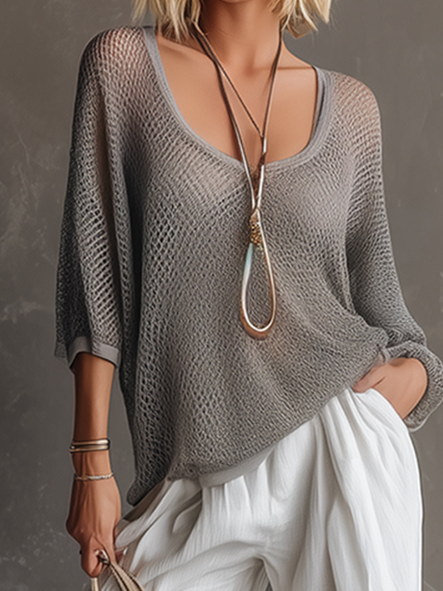 Simple Urban Grey Mesh Knit T-shirt And White Cotton Linen Wide-leg Trousers Set