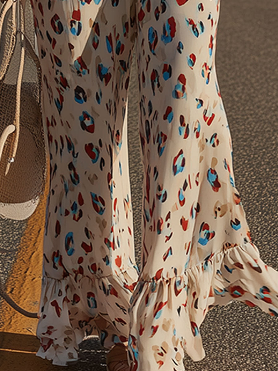 Western Retro Leopard Print White Ruffled Square Neck Chiffon Jumpsuit