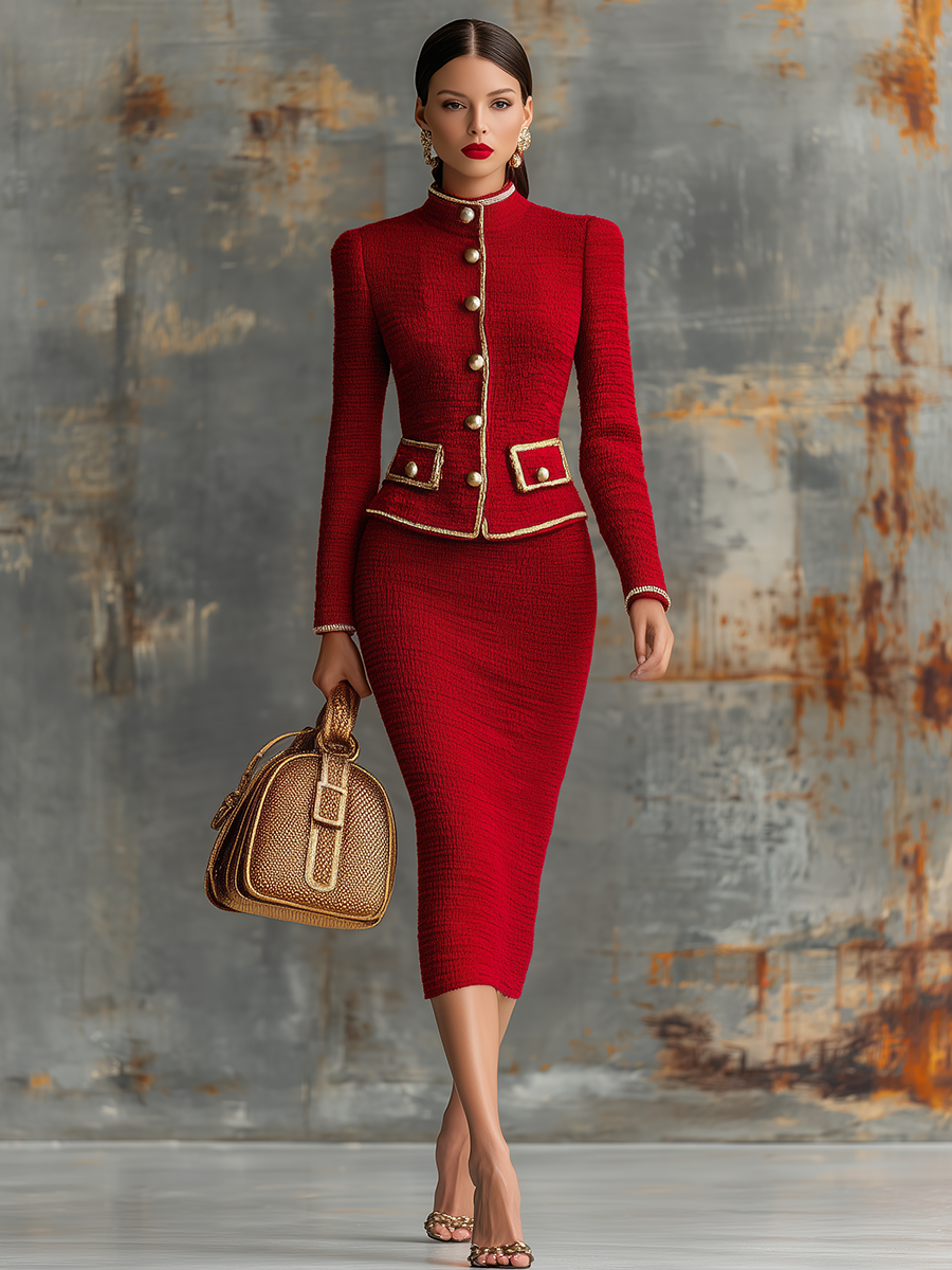 Retro Elegant Knitted Cardigan and Hip Skirt Two-Piece Set