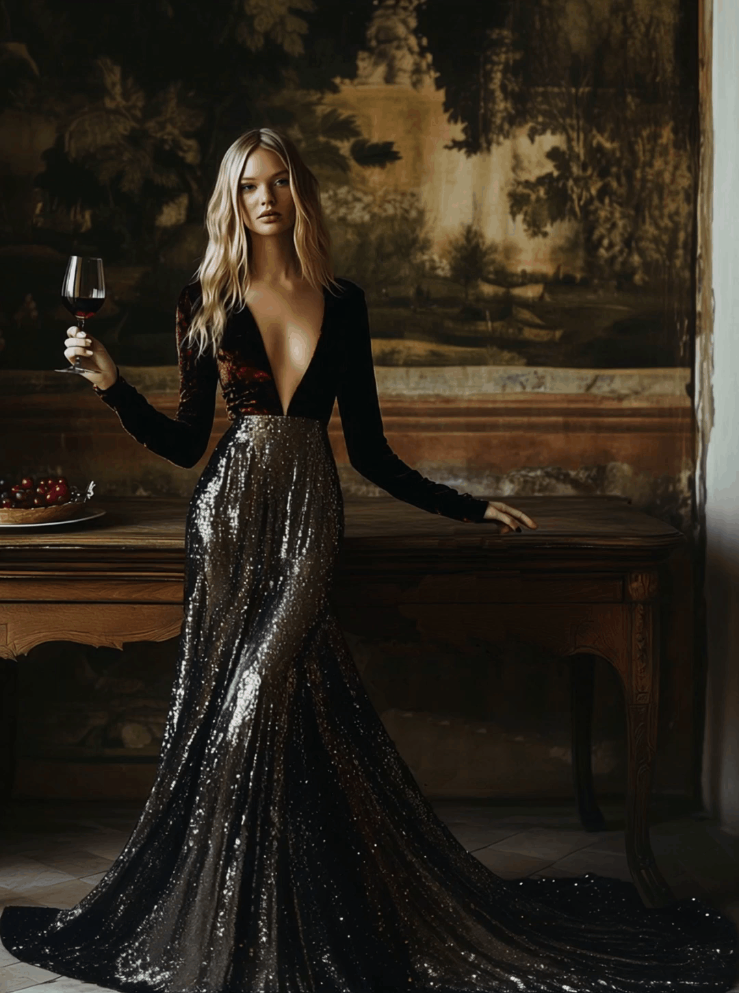 【24-hour shipping out】V-Neck Stylish Elegant Solid Colour Velvet Sequined Long Maxi Dress