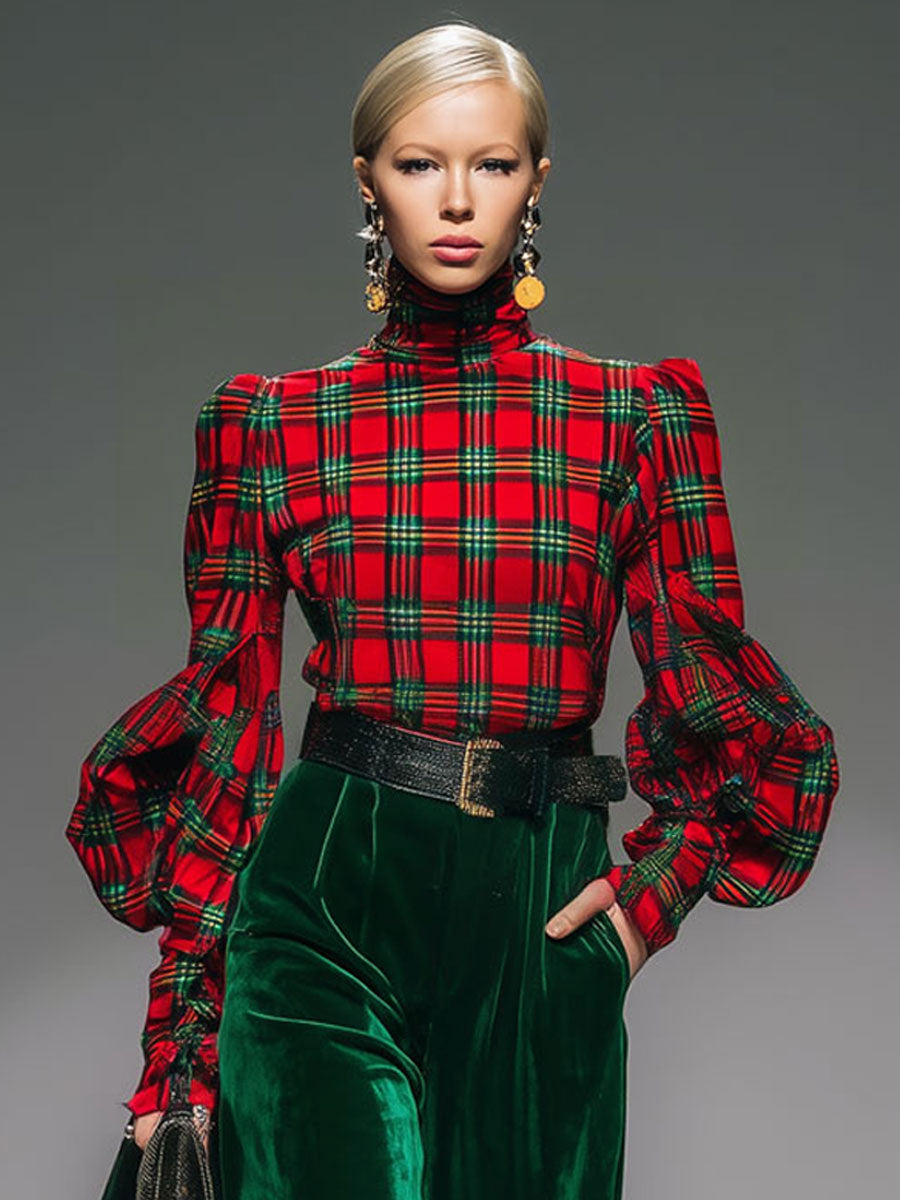 Trendy Retro Plaid Velvet Turtleneck Long-sleeved T-shirt and Wide-leg Trousers Set