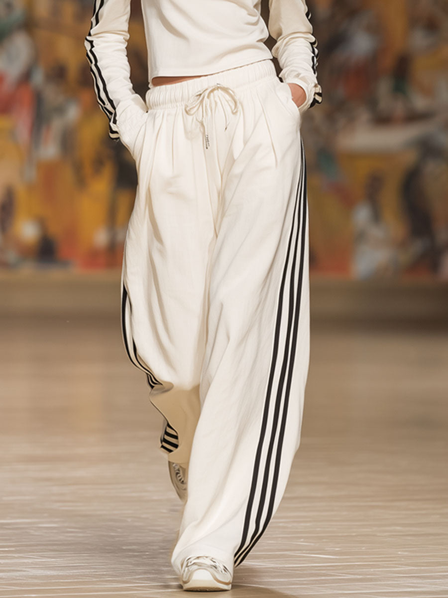 Sporty Off-the-shoulder Long-sleeved Top and Trousers Set