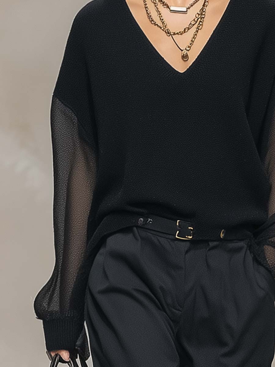 Breathable and Casual Comfortable V-neck Transparent Long-sleeved Black Knitted Blouse Top