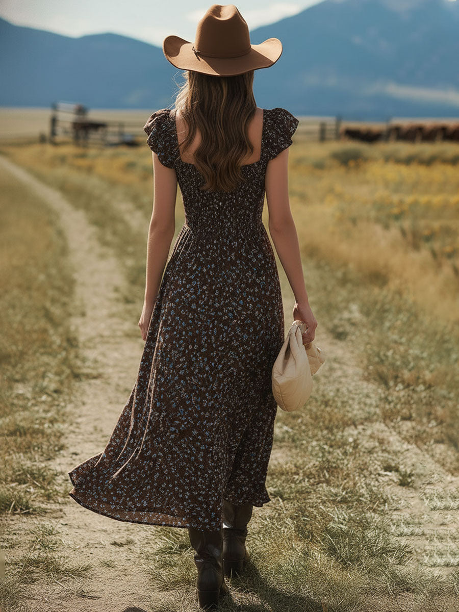 Western Retro Print Brown Short-Sleeved Square Neck Slit Chiffon Midi Dress