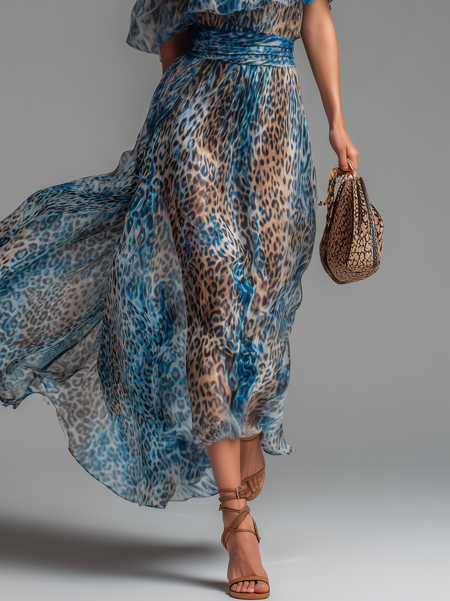 Stylish and Elegant Off-the-shoulder Short-sleeved Leopard Print Chiffon Maxi Dress