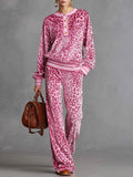 Casual Sporty Retro Pink Velvet Leopard Print Sweatshirt and Wide-Leg Trousers Set