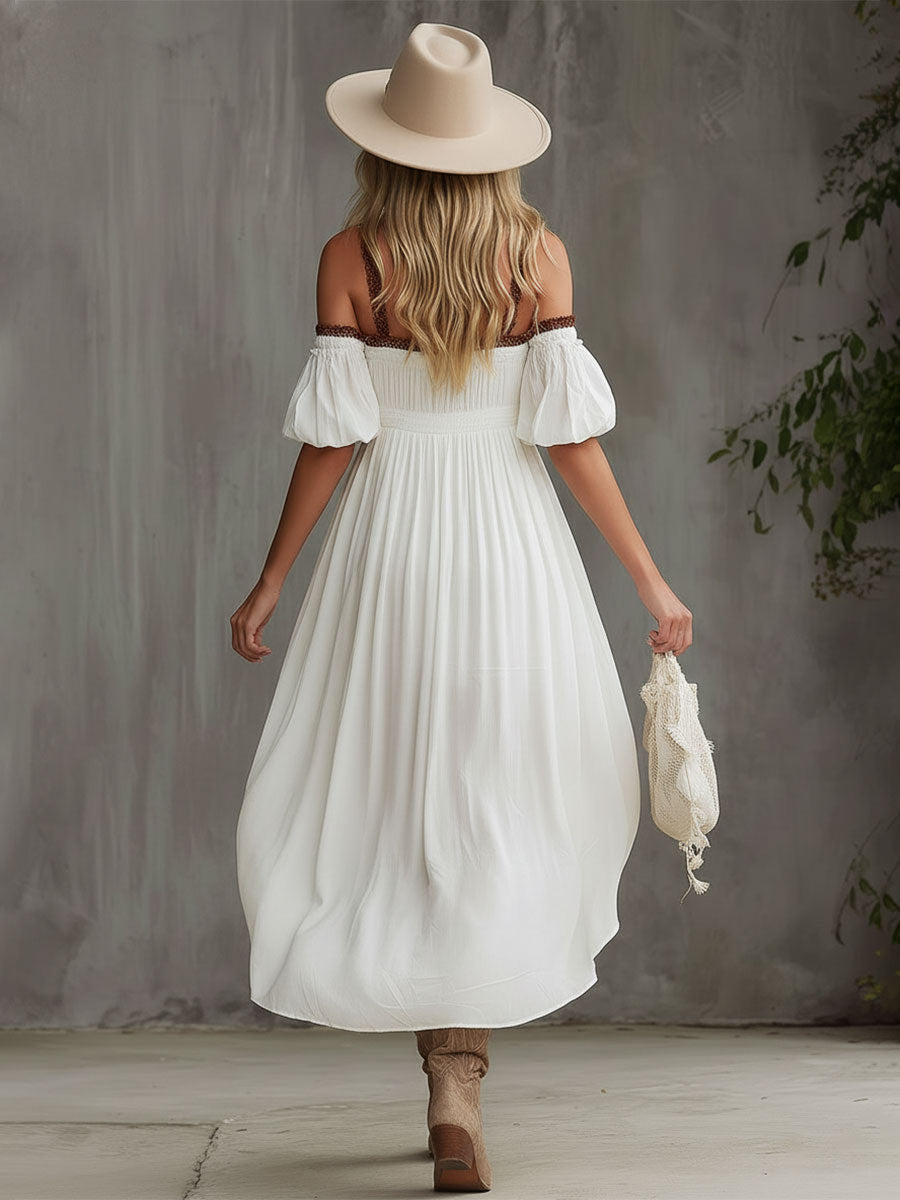 Vintage Lace-trimmed White Off-the-shoulder Fitted Chiffon Midi Dress