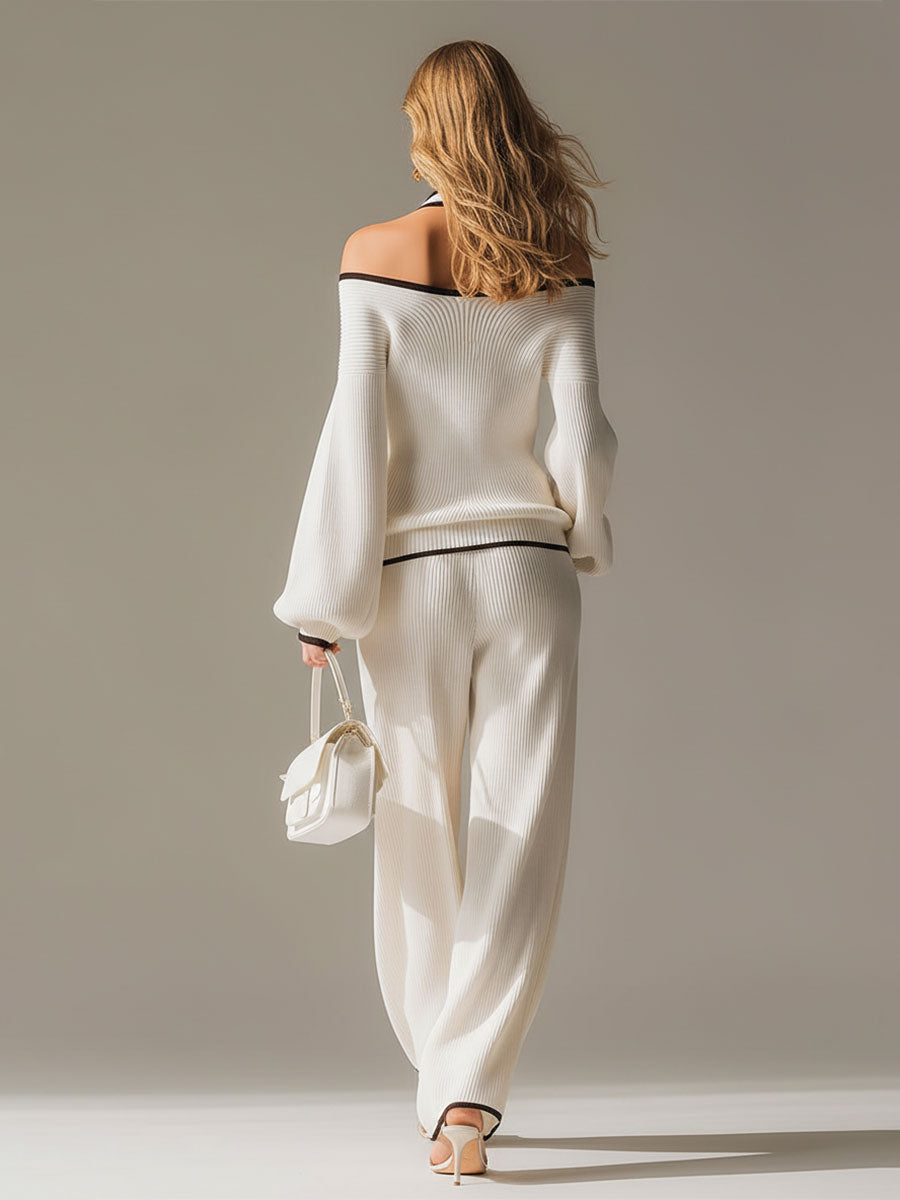 Elegant Colour-blocked White Halter-neck Long-sleeved Knit Top And Trousers Set