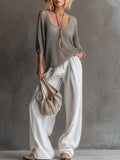 Simple Urban Grey Mesh Knit T-shirt And White Cotton Linen Wide-leg Trousers Set