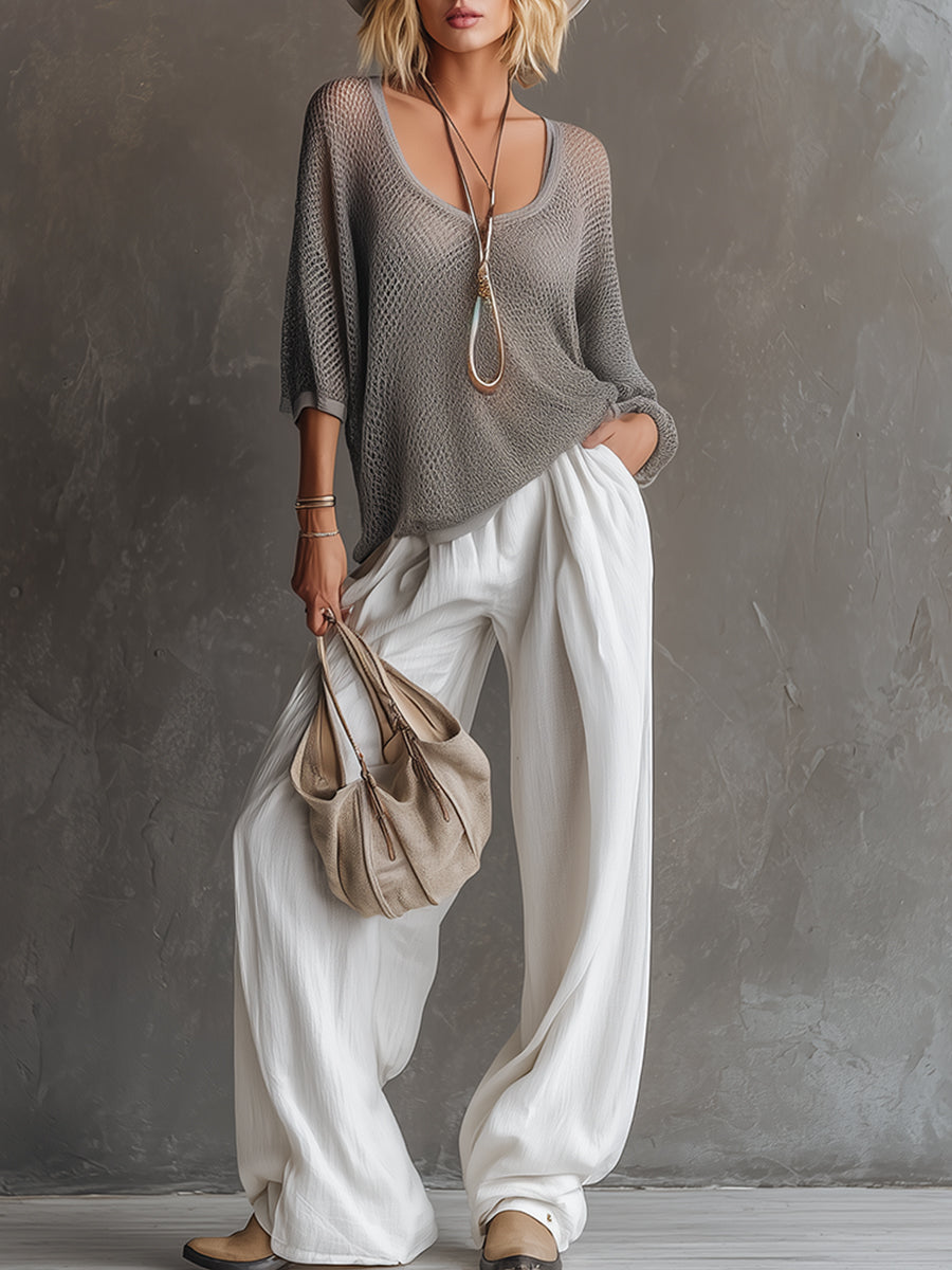 Simple Urban Grey Mesh Knit T-shirt And White Cotton Linen Wide-leg Trousers Set
