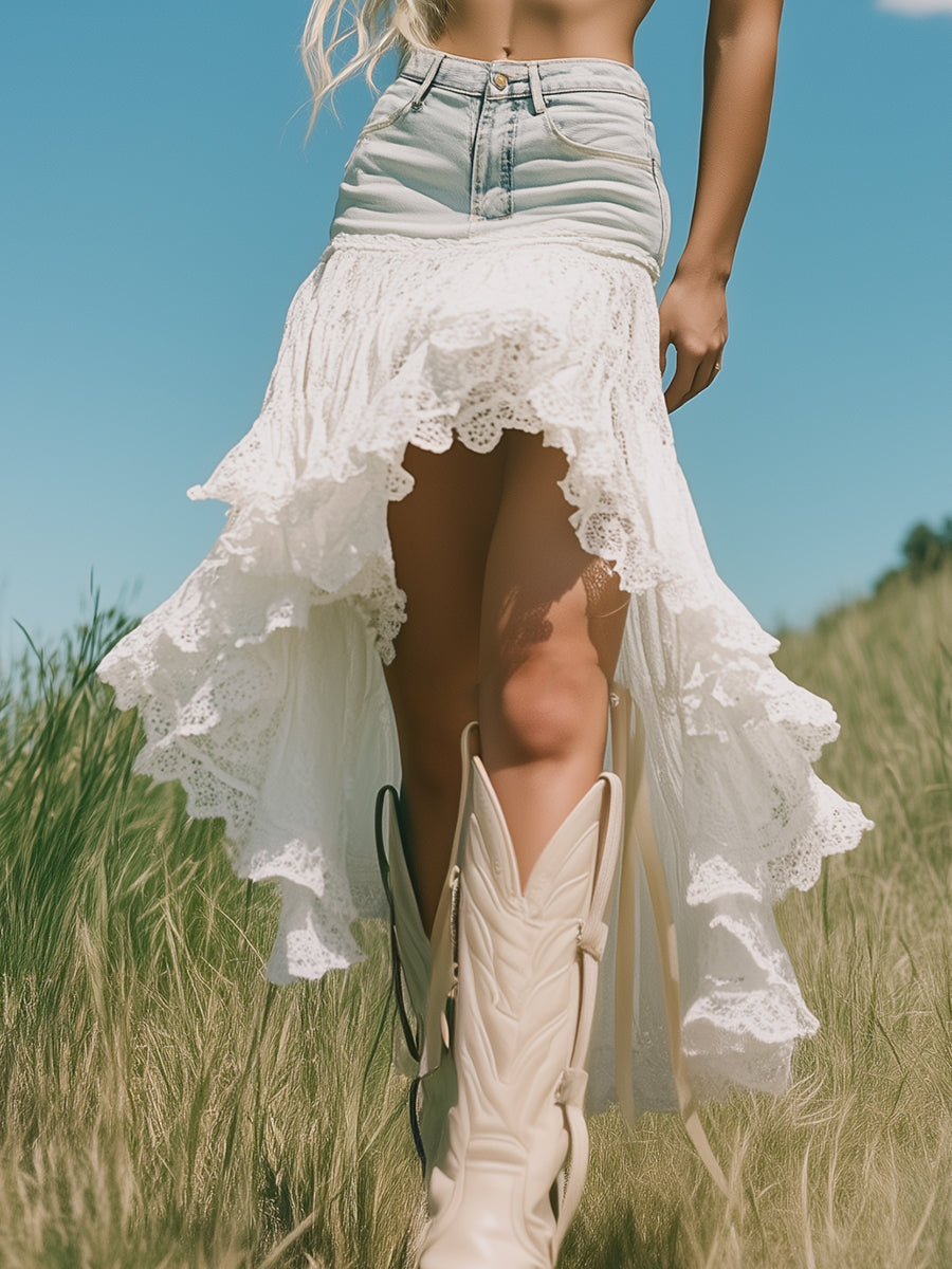 【24-hour shipping out】Romantic and Fashionable Short Front and Long Back Lace Patchwork Denim Skirt