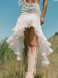 【24-hour shipping out】Romantic and Fashionable Short Front and Long Back Lace Patchwork Denim Skirt
