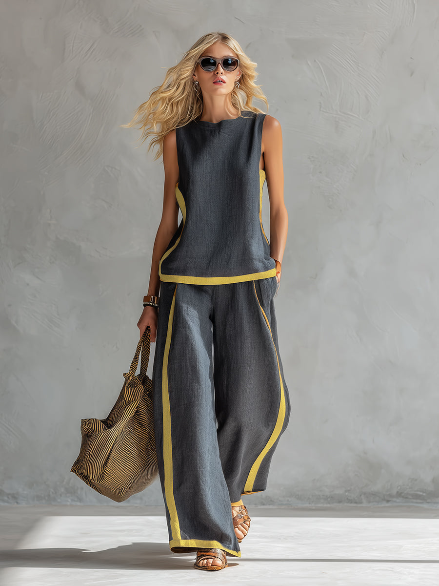 Elegant and Casual Two-tone Trim Grey Cotton and Linen Vest and Trousers Set